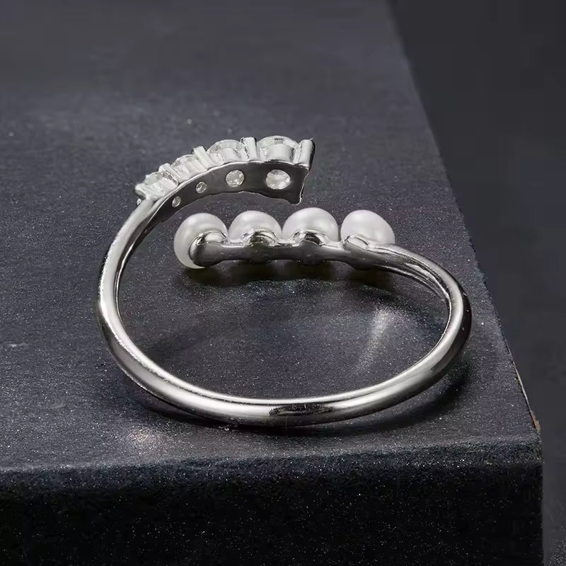 Sterling Silver Pearl and Cubic Zirconia Open Cuff Ring