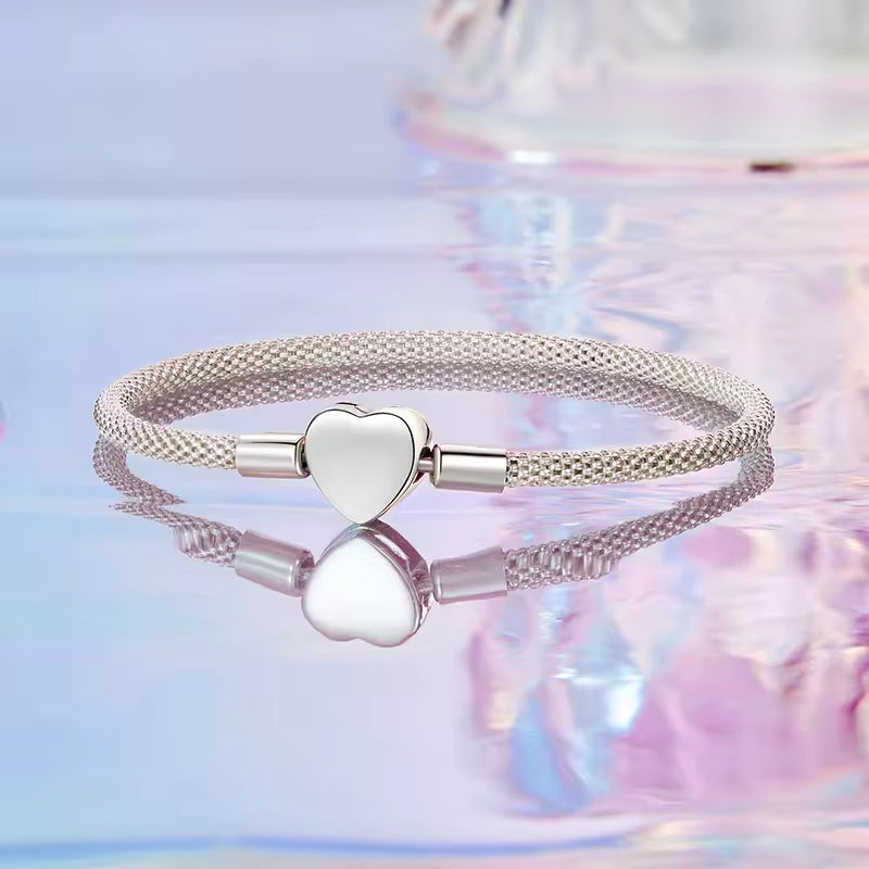 Sterling Silver Polished Heart Popcorn Mesh Bracelet