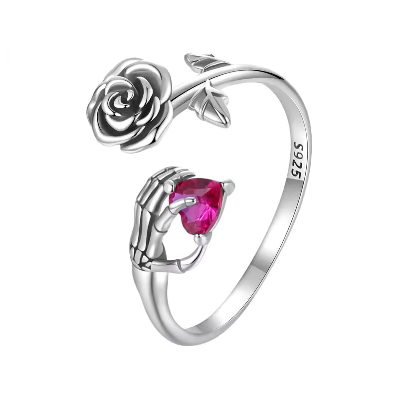 Sterling Silver Gothic Rose Skeleton Hand Ring