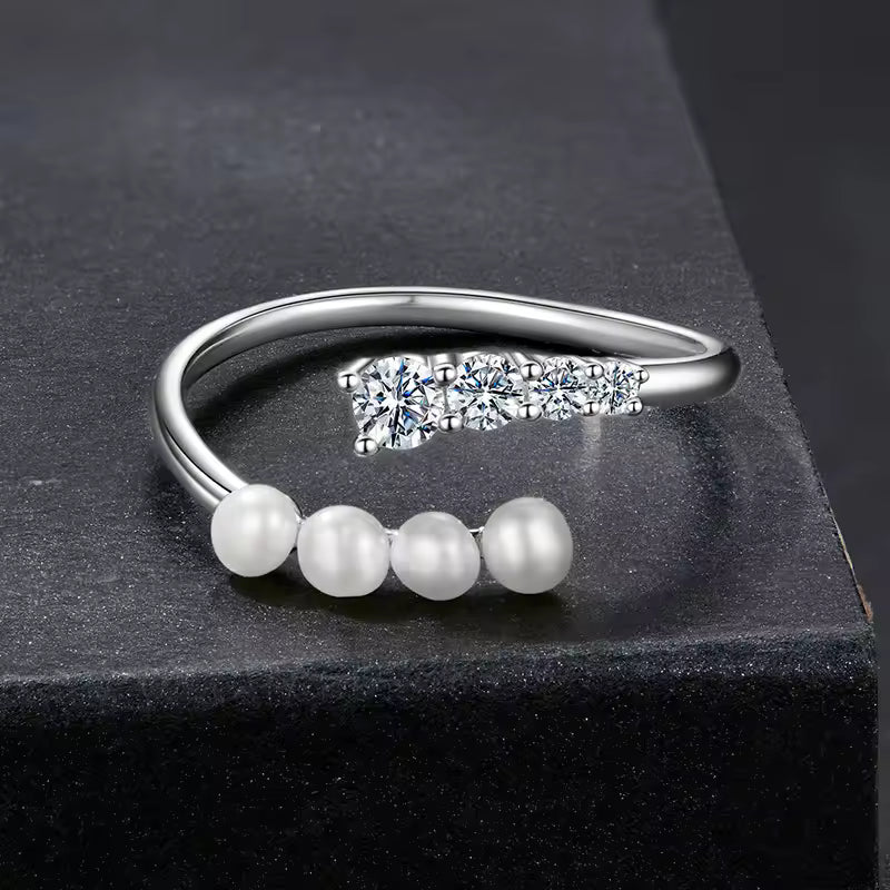 Sterling Silver Pearl and Cubic Zirconia Open Cuff Ring