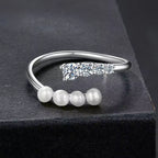 Sterling Silver Pearl and Cubic Zirconia Open Cuff Ring