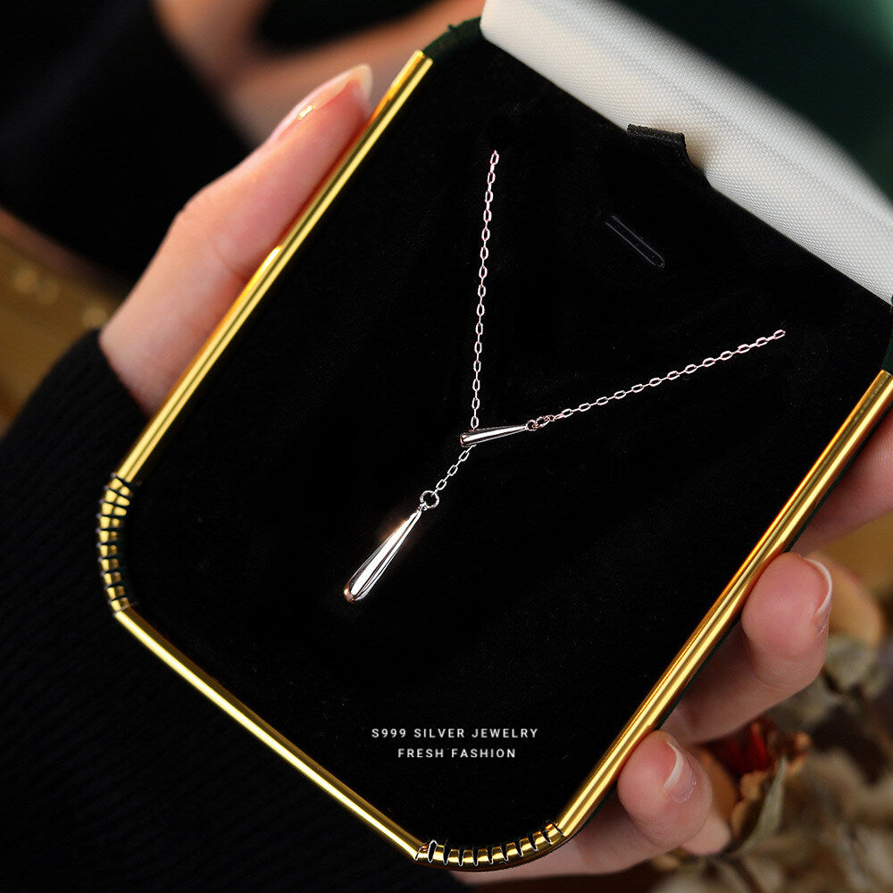 Minimalist Water Drop Y-Necklace with Fringe Accent