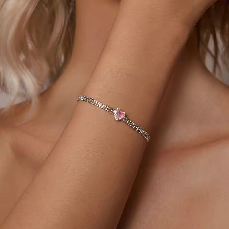 Sterling Silver Pink Heart Tennis Bracelet