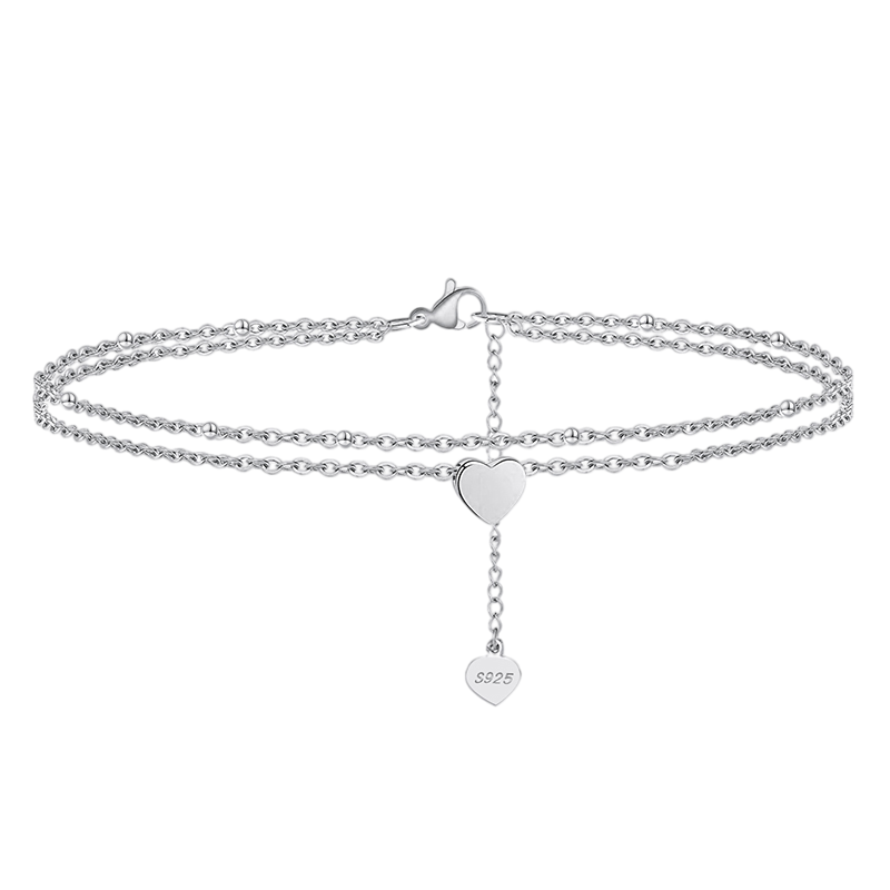 Sterling Silver Double Layer Heart Beaded Anklet