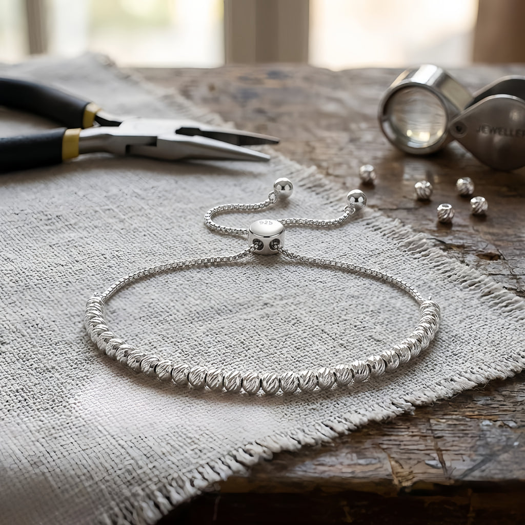 Sterling Silver Adjustable Sparkle Bead Bolo Bracelet