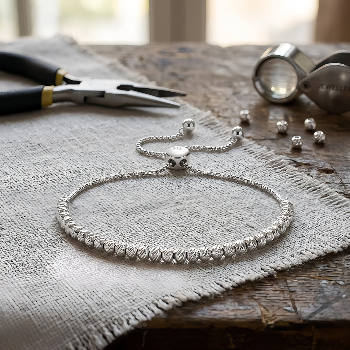 Sterling Silver Adjustable Sparkle Bead Bolo Bracelet