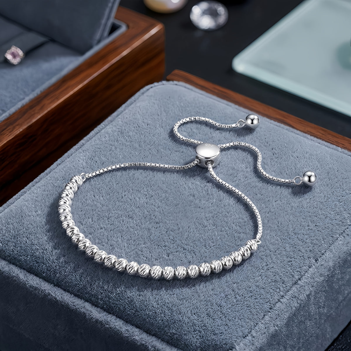 Sterling Silver Adjustable Sparkle Bead Bolo Bracelet