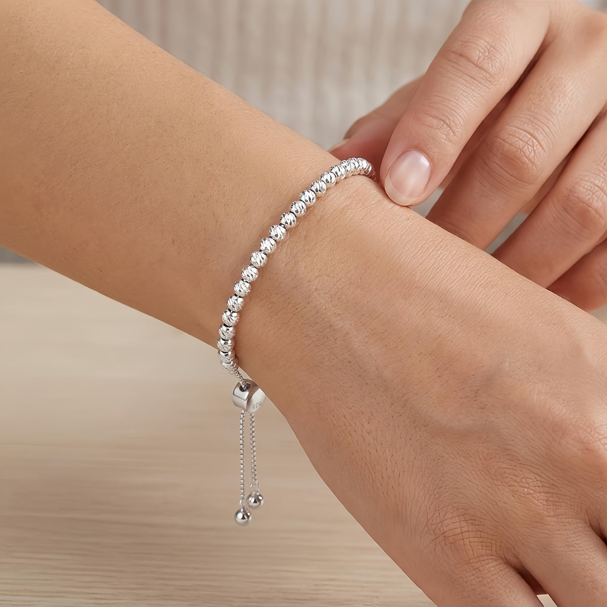 Sterling Silver Adjustable Sparkle Bead Bolo Bracelet