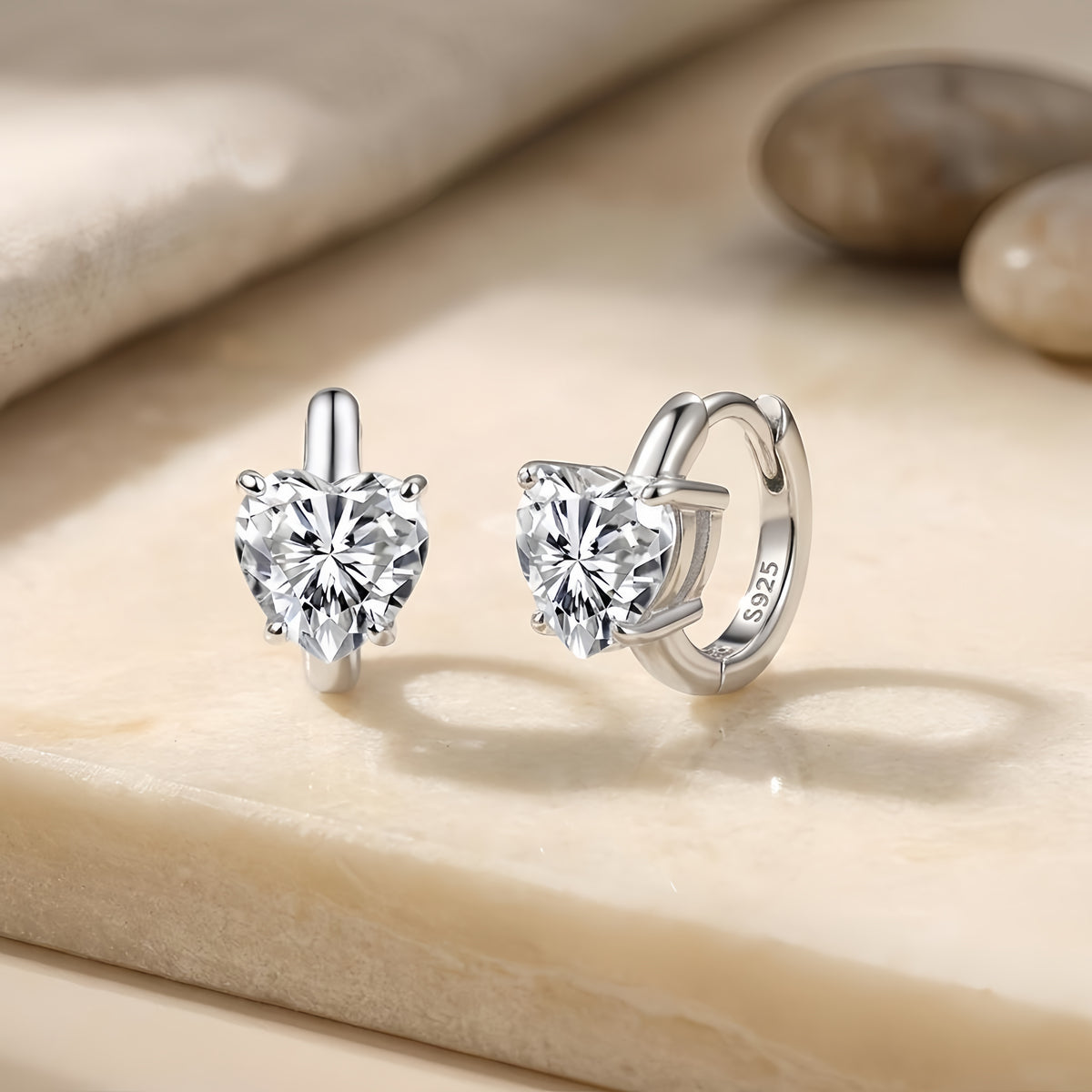 Sterling Silver Heart CZ Huggie Hoop Earrings