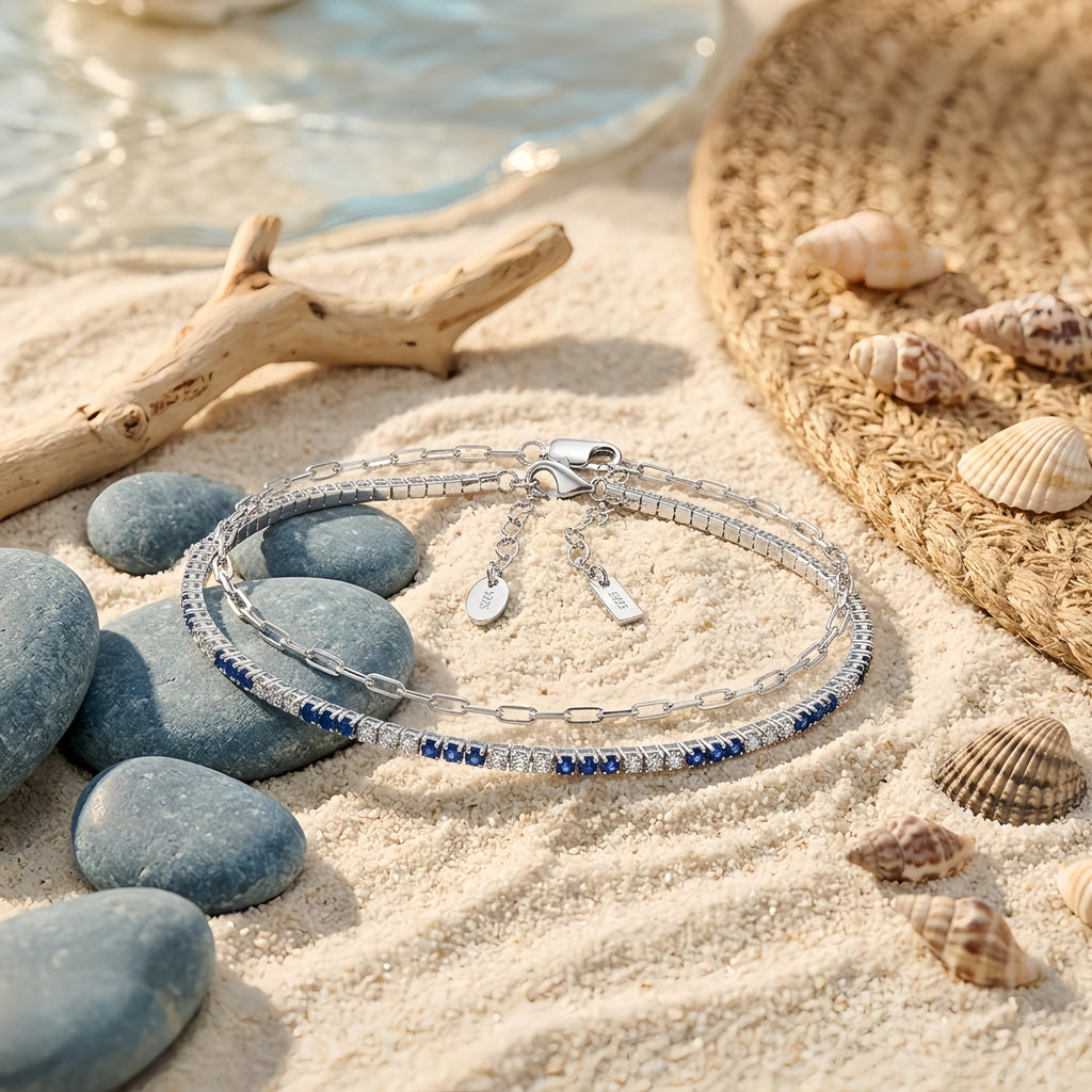 Sterling Silver Layered Blue Cubic Zirconia Anklet Set
