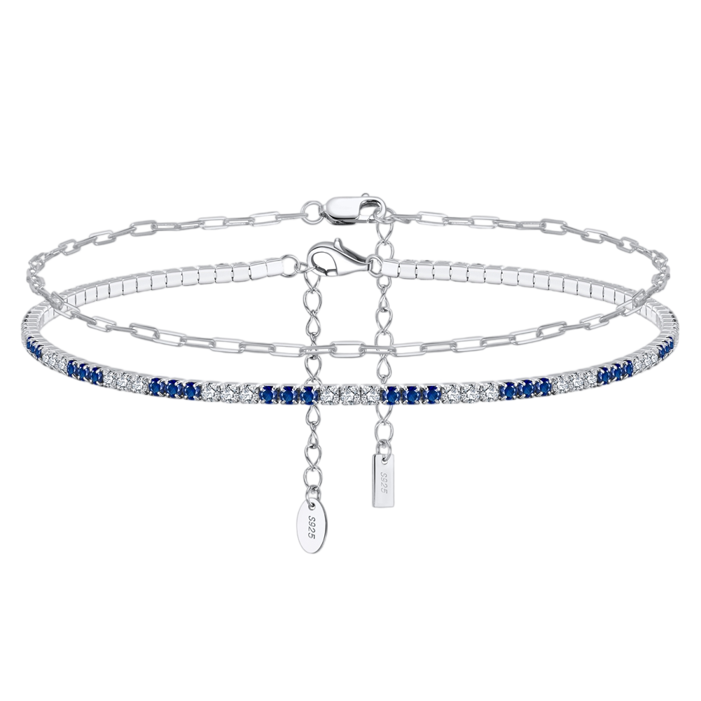 Sterling Silver Layered Blue Cubic Zirconia Anklet Set