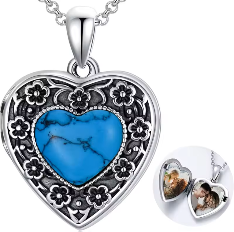 Sterling Silver “Always in My Heart” Photo Locket – Turquoise Floral Pendant