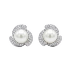 Elegant Pearl and CZ Floral Halo Stud Earrings
