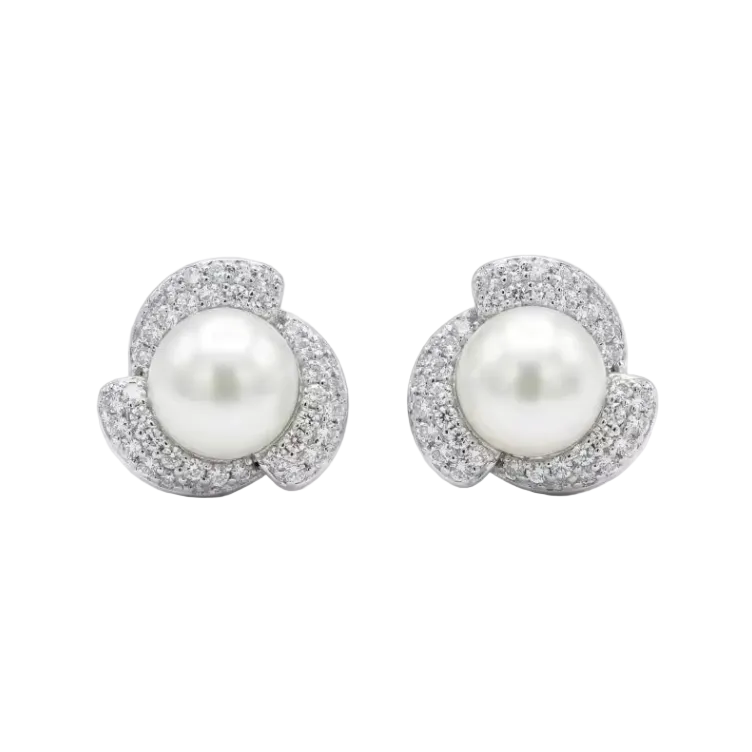 Elegant Pearl and CZ Floral Halo Stud Earrings