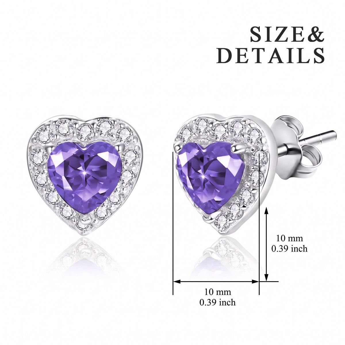 Sterling Silver Purple Heart Cubic Zirconia Halo Stud Earrings