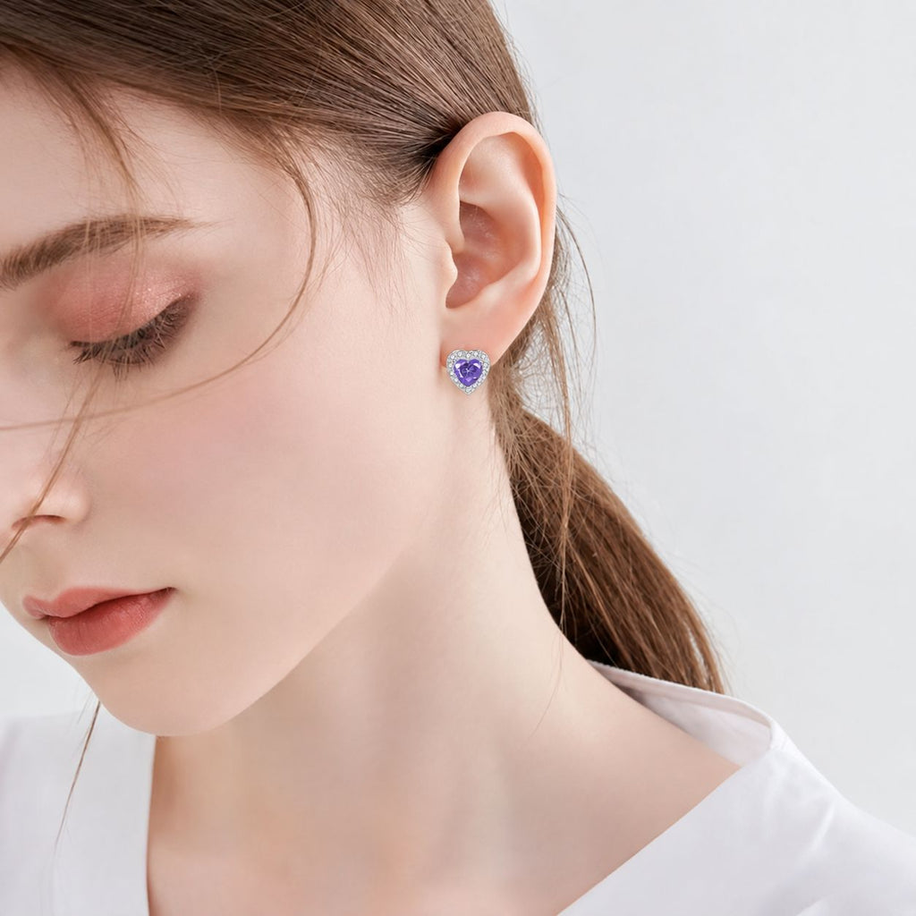 Sterling Silver Purple Heart Cubic Zirconia Halo Stud Earrings