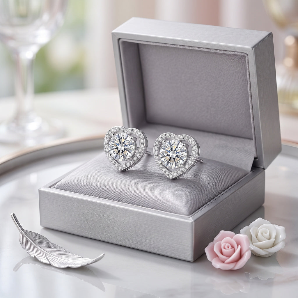 Sterling Silver Heart Moissanite Halo Stud Earrings