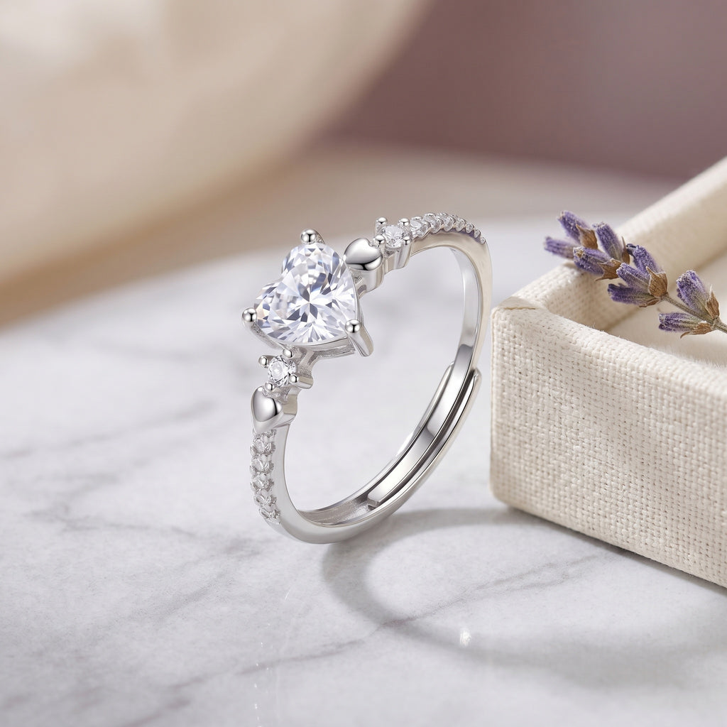 Sterling Silver Adjustable Heart Cubic Zirconia Solitaire Ring