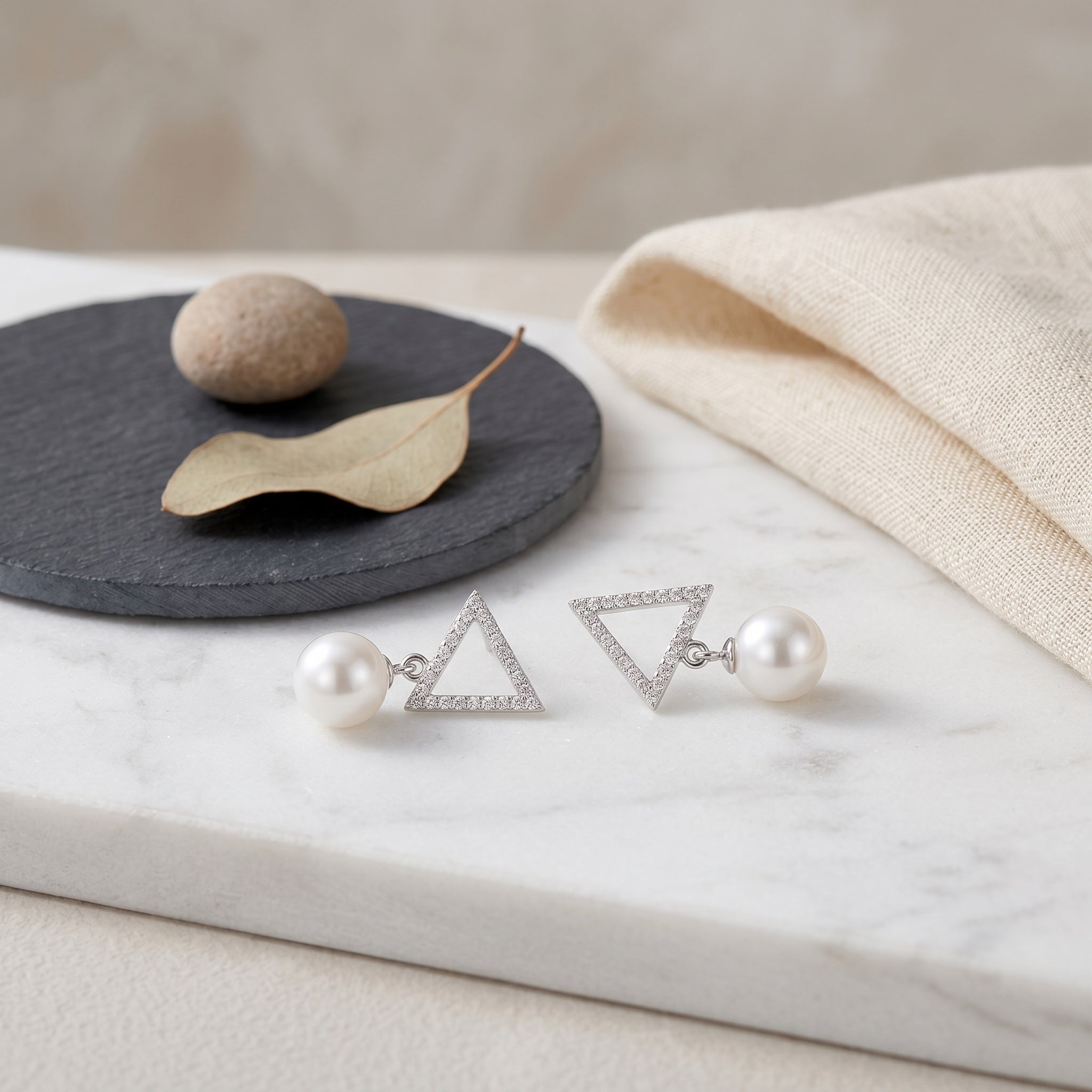Elegant Triangle CZ Pearl Drop Earrings