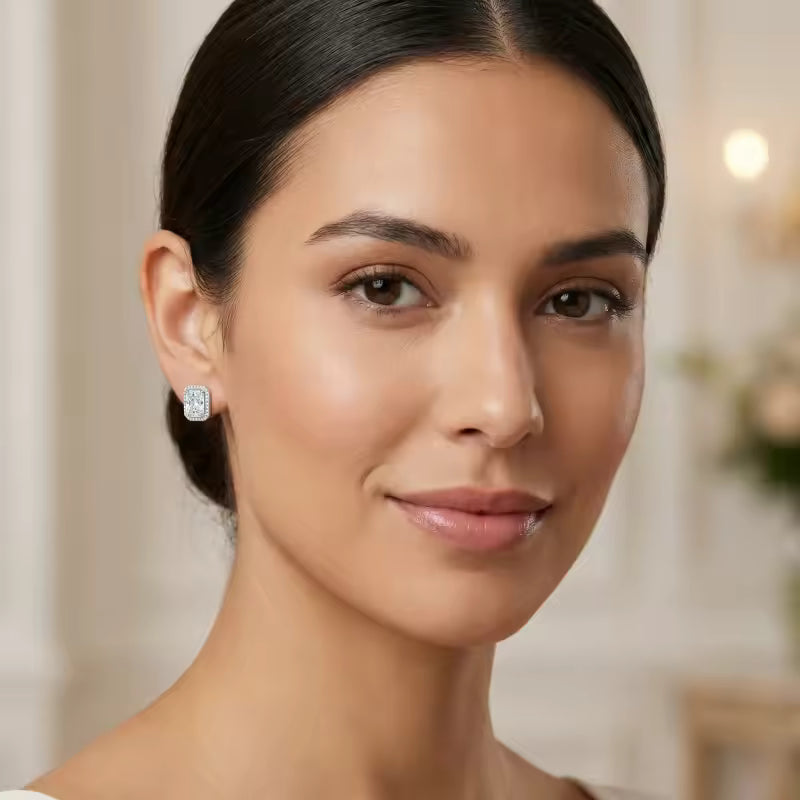 Sterling Silver Emerald-Cut Cubic Zirconia Halo Stud Earrings
