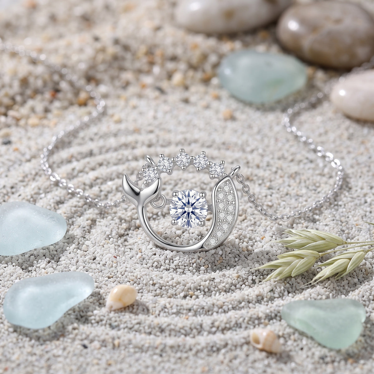 Sterling Silver Mermaid Tail Moissanite Pendant Necklace