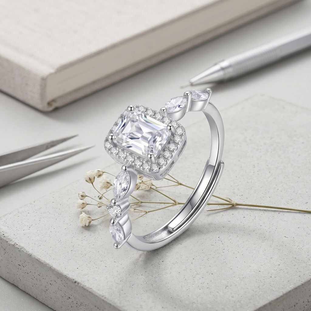 Sterling Silver Adjustable Emerald-Cut Cubic Zirconia Halo Ring