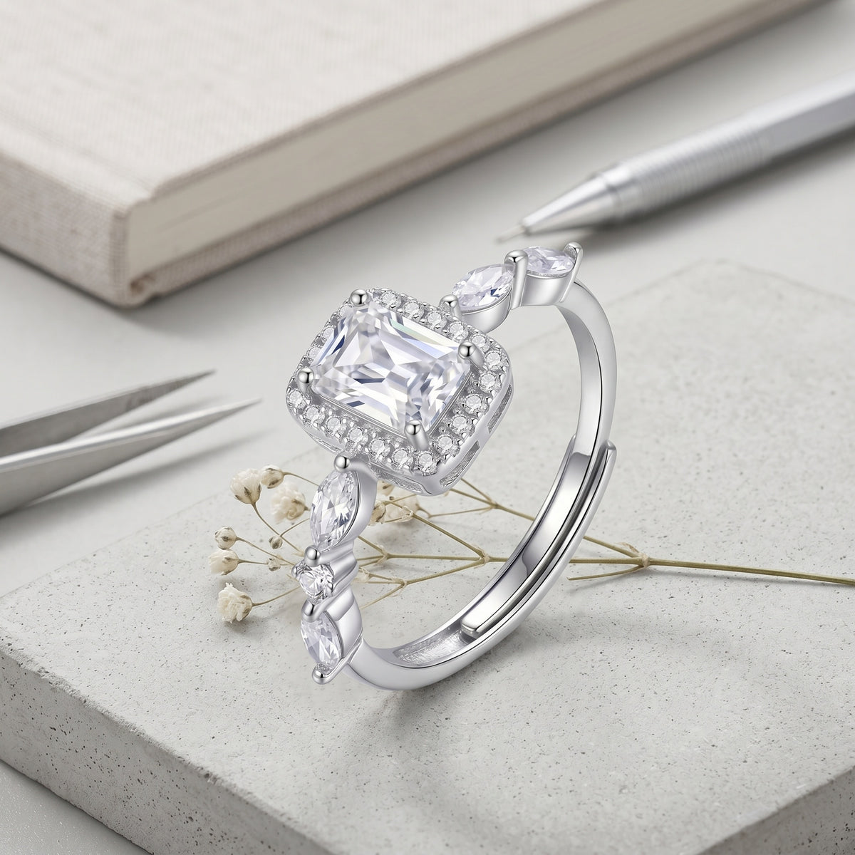 Sterling Silver Adjustable Emerald-Cut Cubic Zirconia Halo Ring