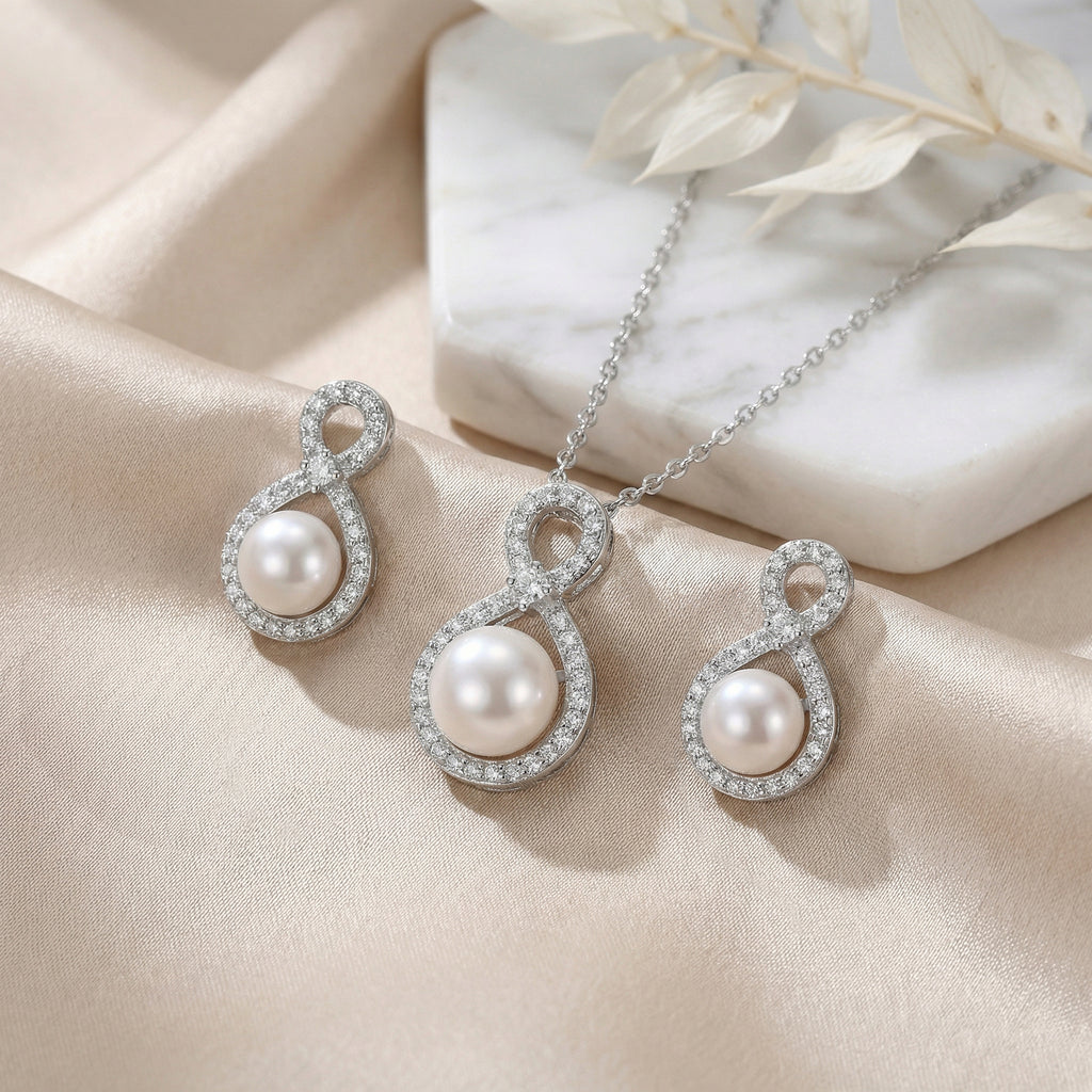 Sterling Silver Infinity Pearl Necklace and Earrings Set – Cubic Zirconia