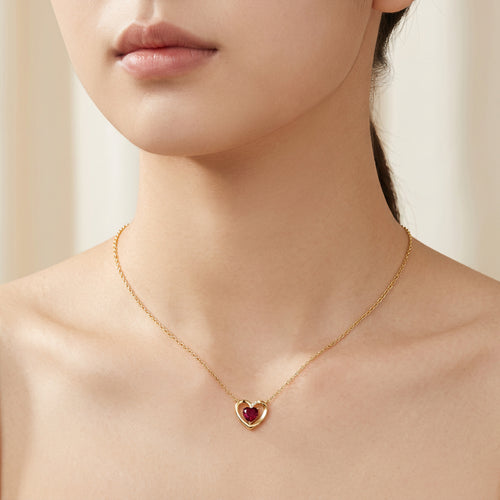18K Yellow Gold Plated Red Heart Moissanite Pendant Necklace