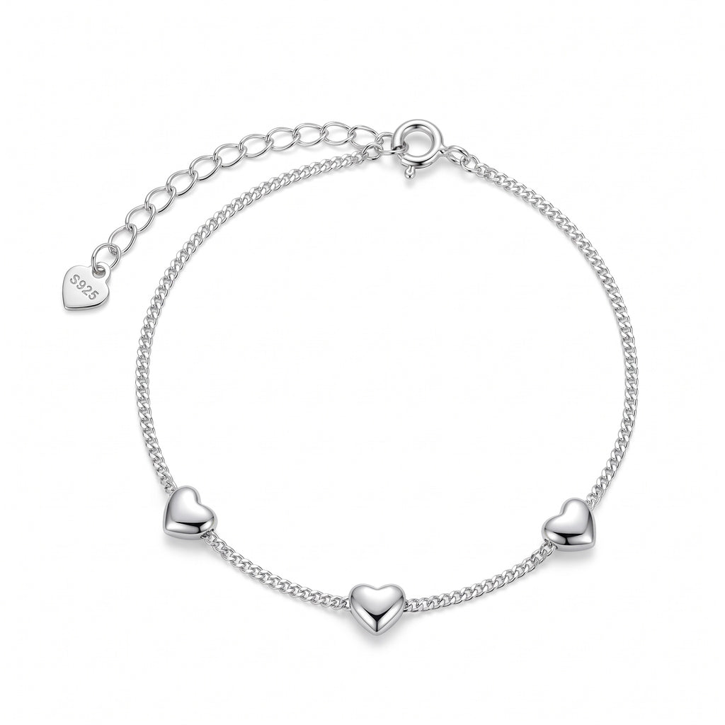Sterling Silver Three Puffy Heart Bracelet