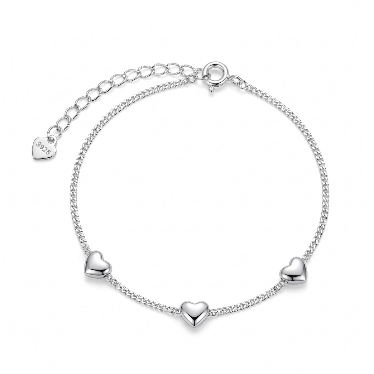 Sterling Silver Three Puffy Heart Bracelet