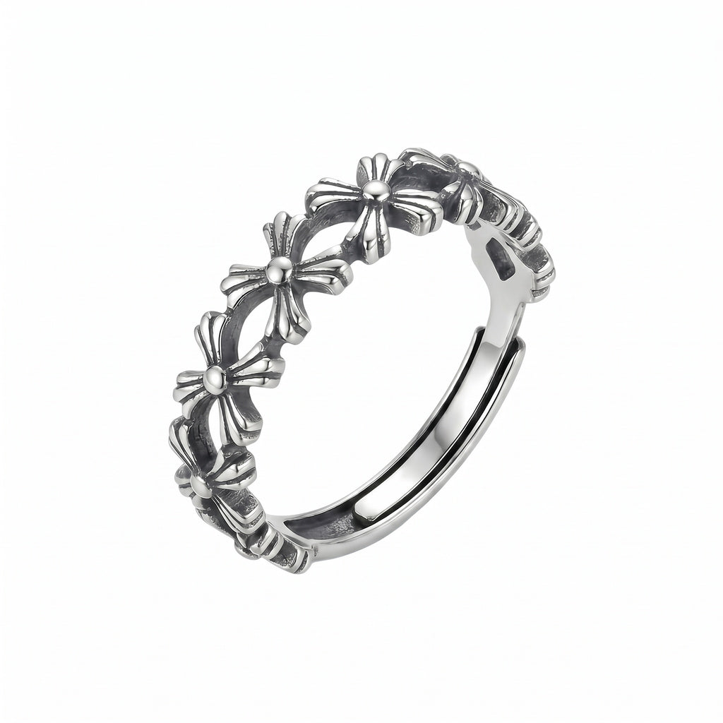 Sterling Silver Adjustable Gothic Cross Floral Ring