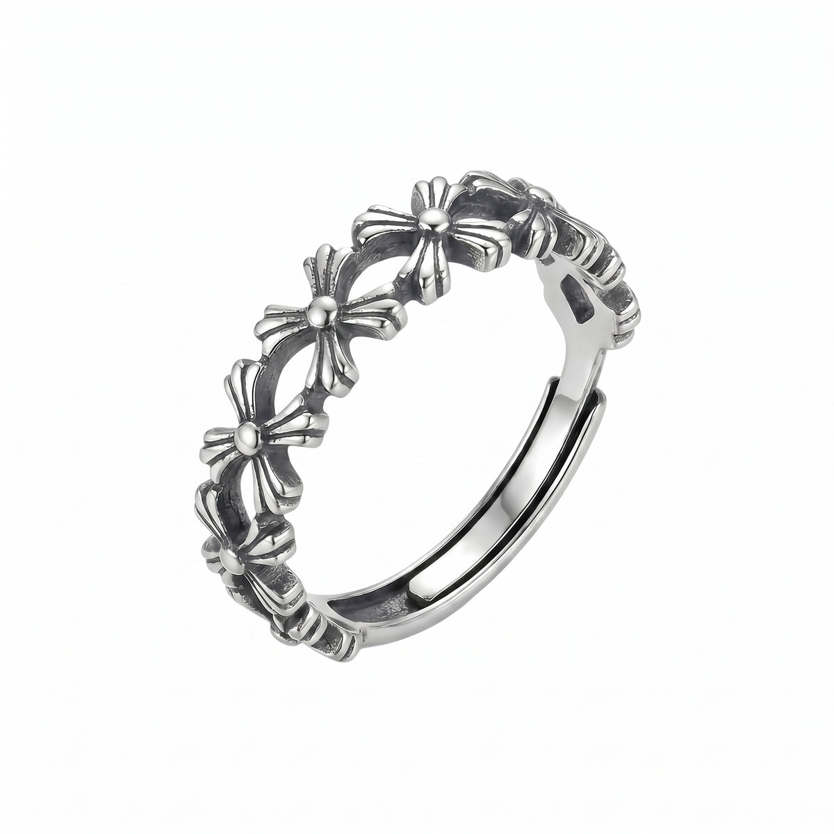 Sterling Silver Adjustable Gothic Cross Floral Ring