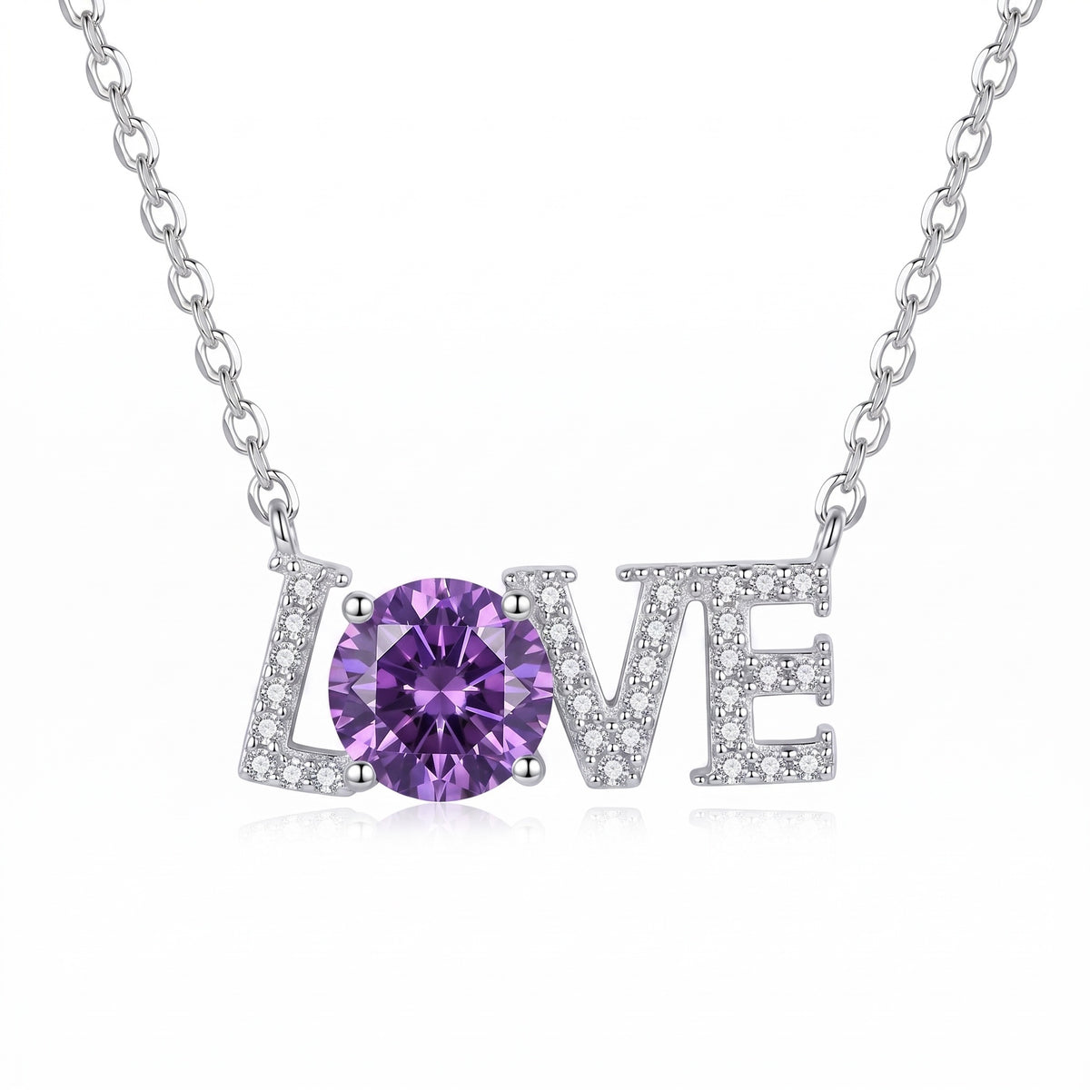 Sterling Silver Purple Moissanite LOVE Necklace