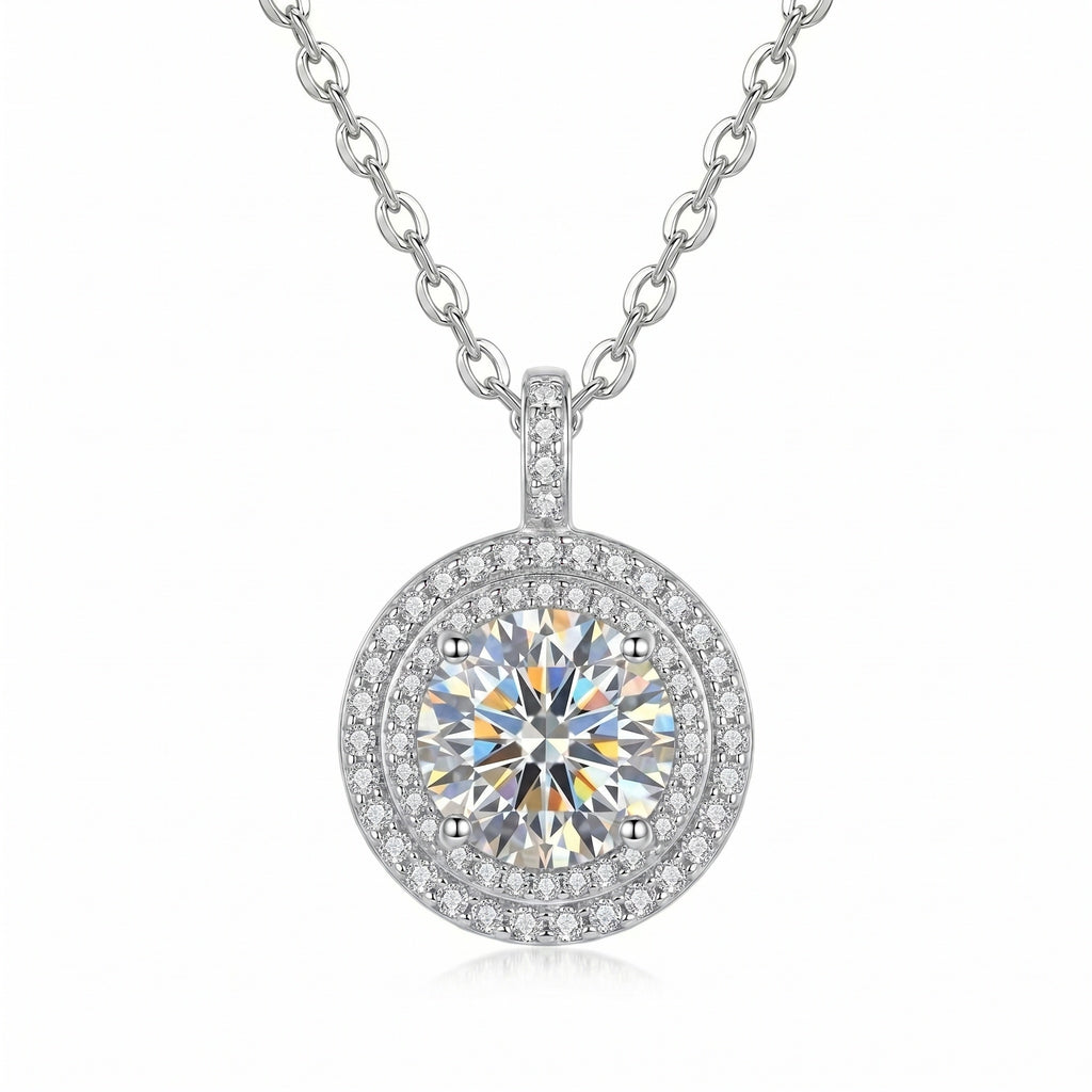 Sterling Silver Moissanite Double Halo Pendant Necklace