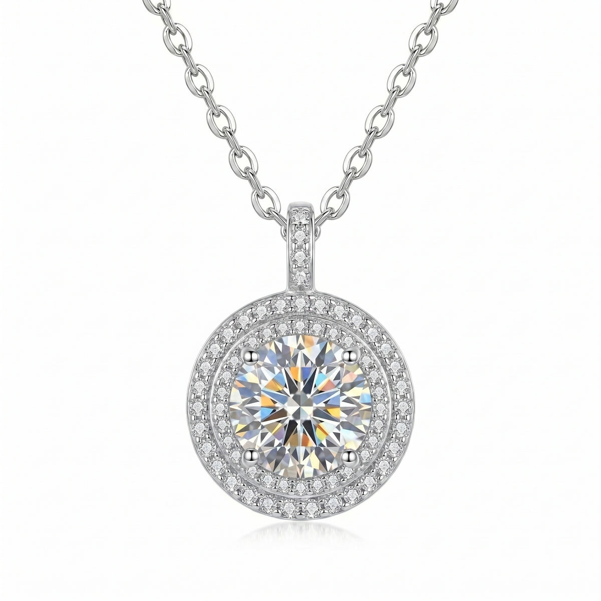 Sterling Silver Moissanite Double Halo Pendant Necklace