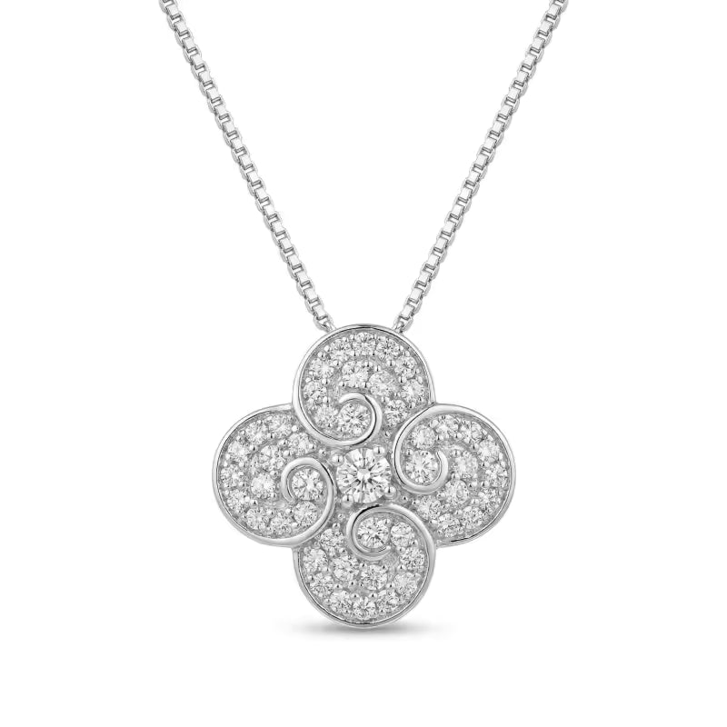 Four-Leaf Clover Diamond Pendant Necklace – Vintage Scrollwork Design