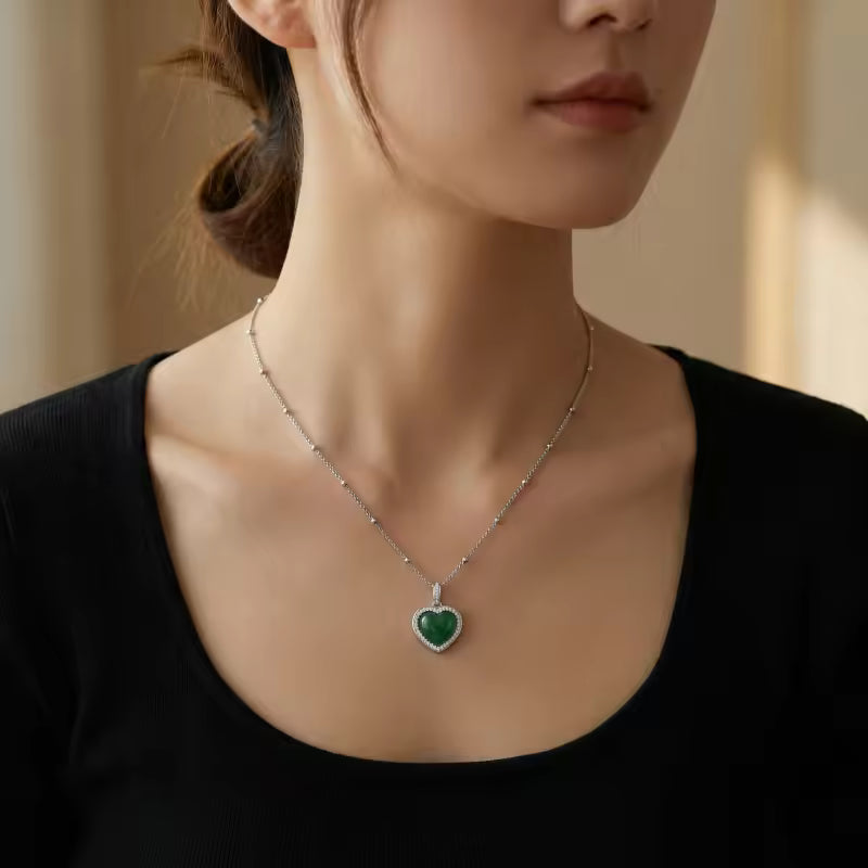 Green Jade Heart Pendant Necklace with CZ Halo