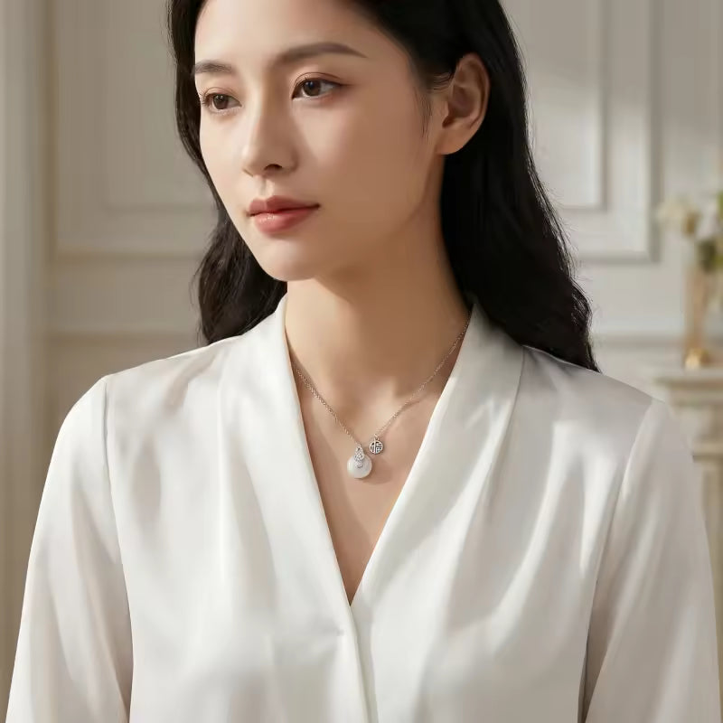 Silver White Jade Gourd Pendant Necklace with Fortune Charm