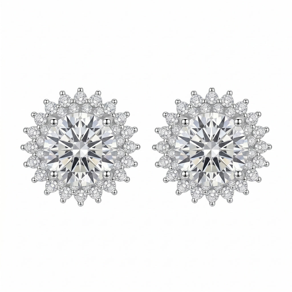 Sterling Silver Snowflake Moissanite Halo Stud Earrings