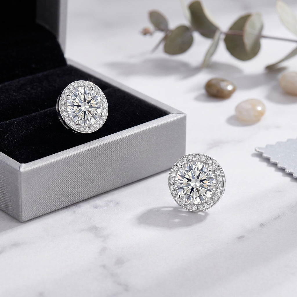 Sterling Silver Round Moissanite Halo Stud Earrings