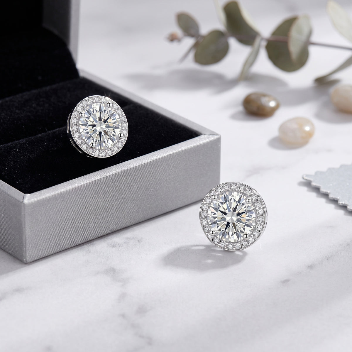 Sterling Silver Round Moissanite Halo Stud Earrings