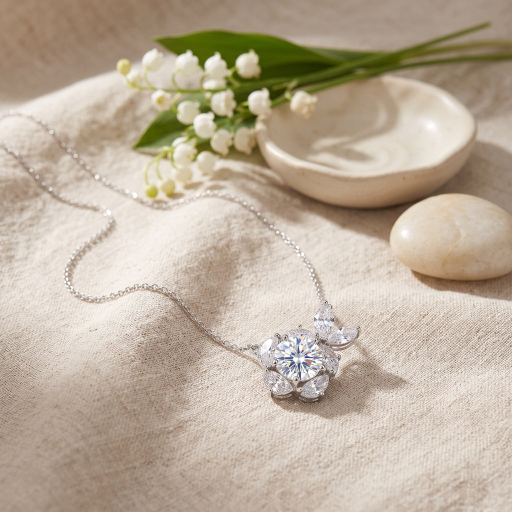 Sterling Silver Moissanite Flower Pendant Necklace