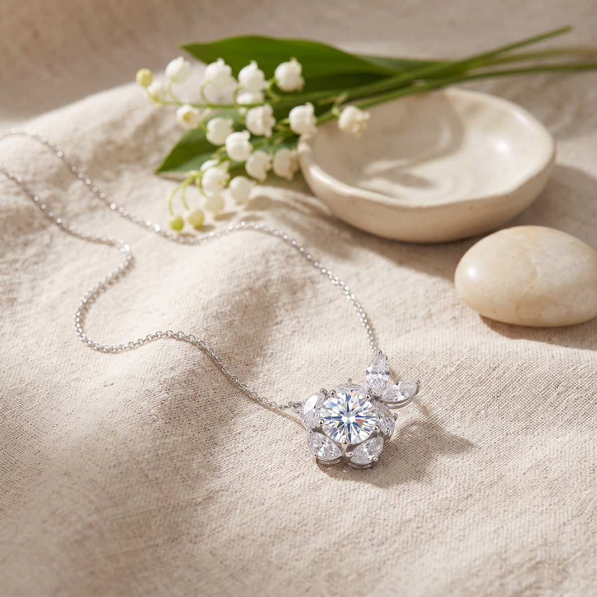 Sterling Silver Moissanite Flower Pendant Necklace