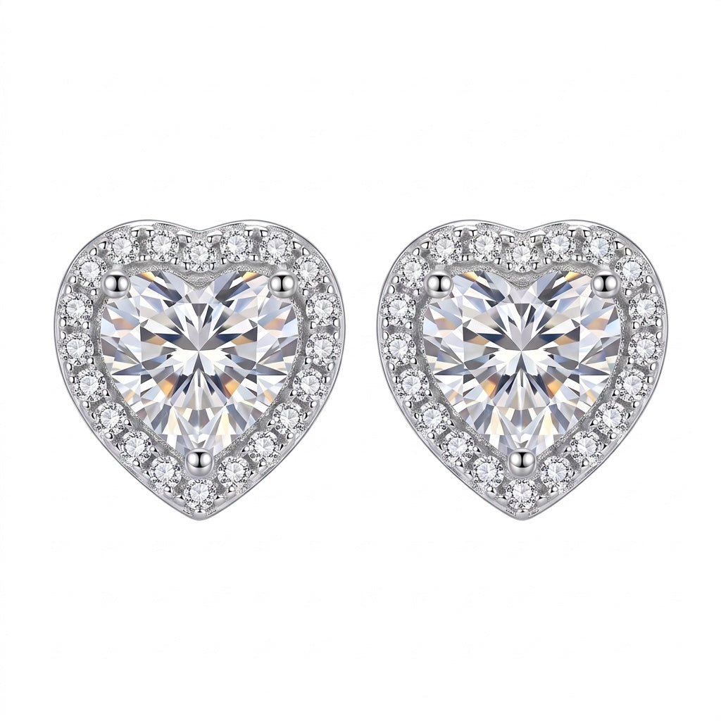 Sterling Silver Heart Moissanite Halo Stud Earrings