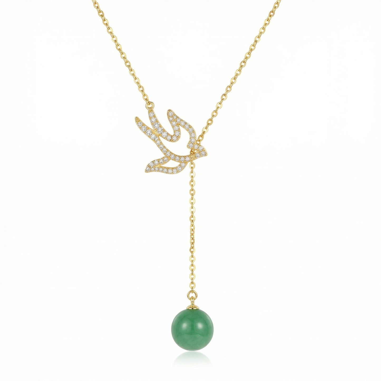 925 Sterling Silver Sparkling Zircon Swallow Necklaces with Elegant Green Jade Bead Drop - JewelryODM