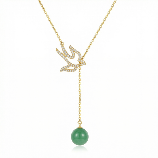 925 Sterling Silver Sparkling Zircon Swallow Necklaces with Elegant Green Jade Bead Drop - JewelryODM