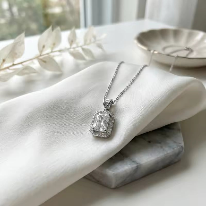 Sterling Silver Emerald-Cut Cubic Zirconia Halo Pendant Necklace
