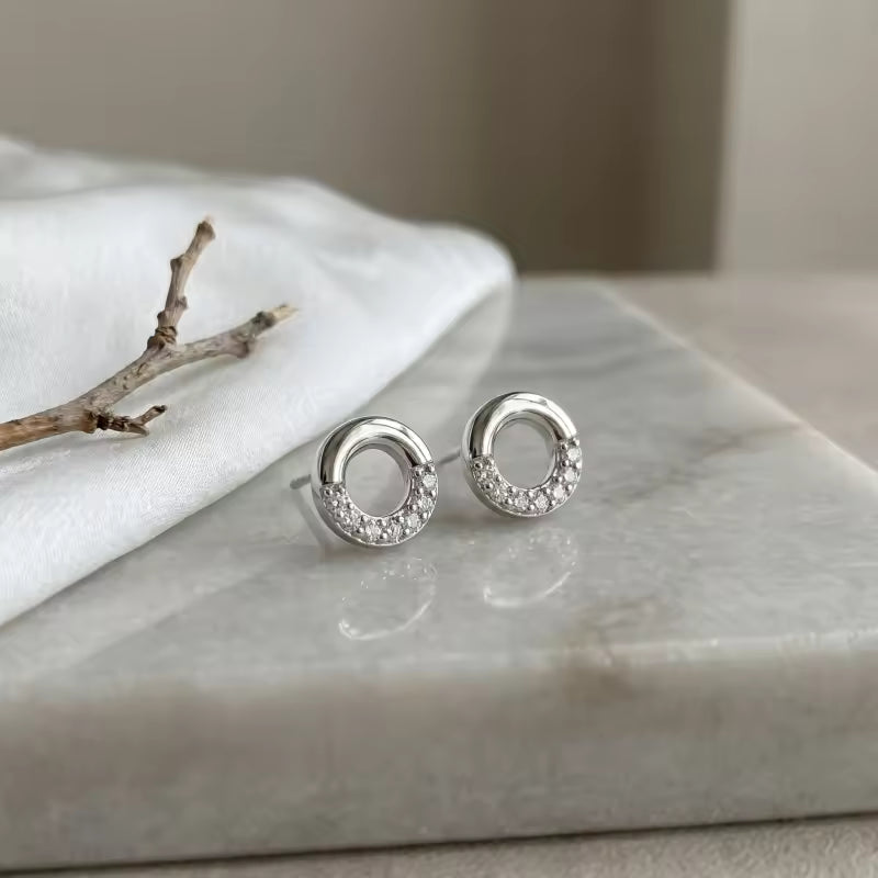 Sterling Silver Open Circle Stud Earrings – Pave Stone Detail