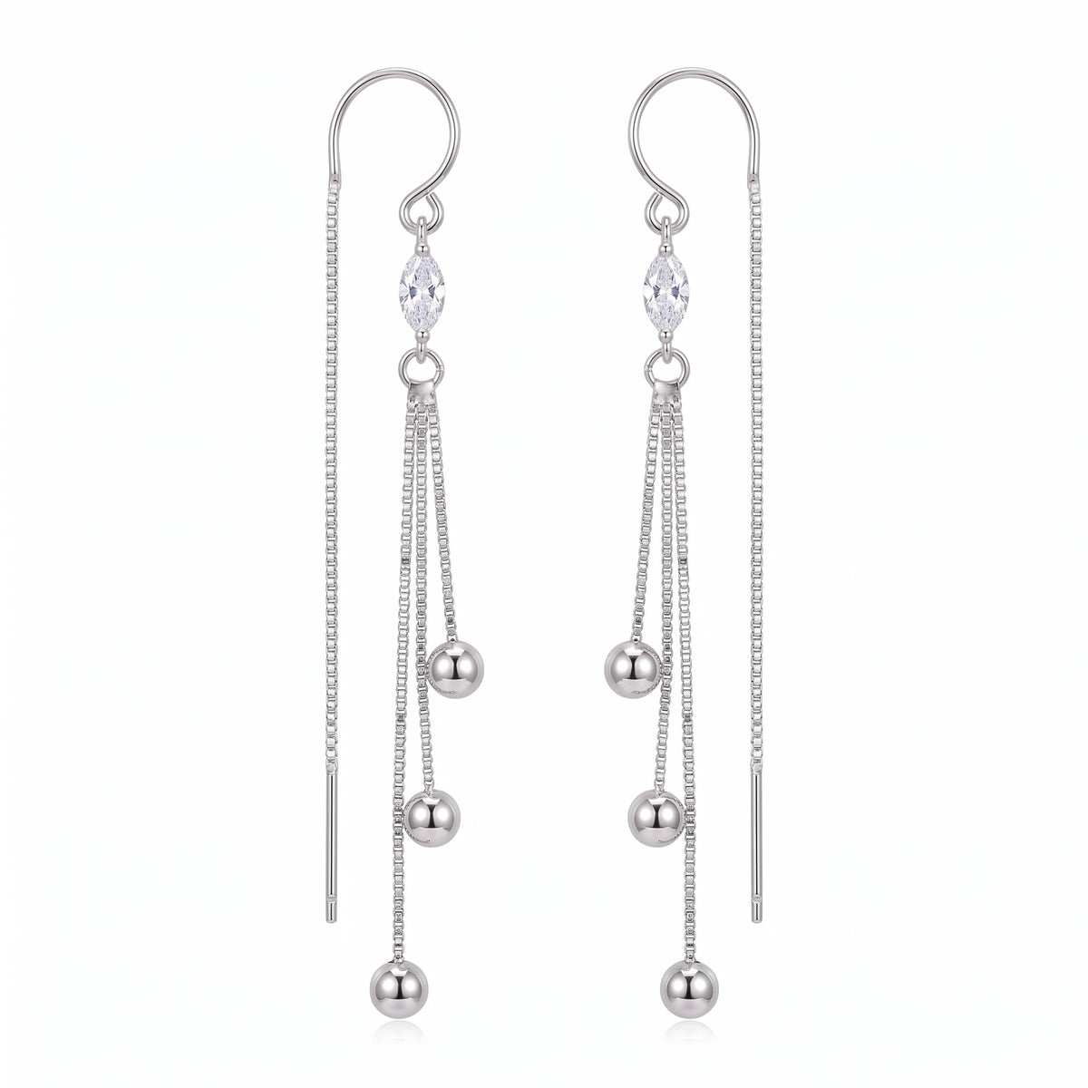 Sterling Silver Marquise Cubic Zirconia Tassel Threader Earrings